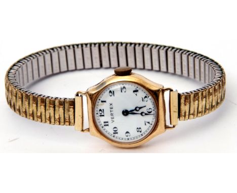 Ladies vintage 9ct gold cased Vertex wrist watch, the blued steel hands to a white enamel dial with black Arabic numbers, mou