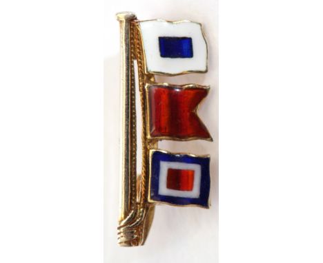 9ct gold and enamel signalling brooch featuring three translucent enamel flags, 2.5cm long, Birmingham 1979, 2.9gms gross wei
