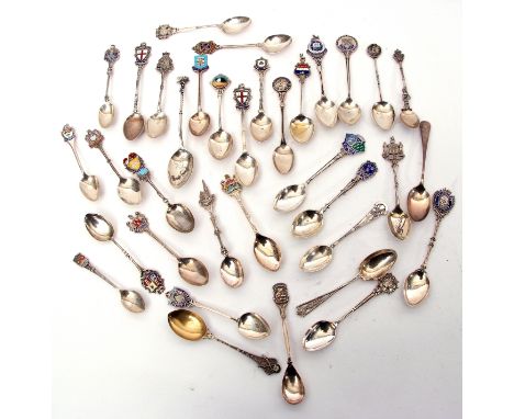Collection of 30 assorted hallmarked silver souvenir spoons, some with enamel tops, weighing 460gms all in plus five further 