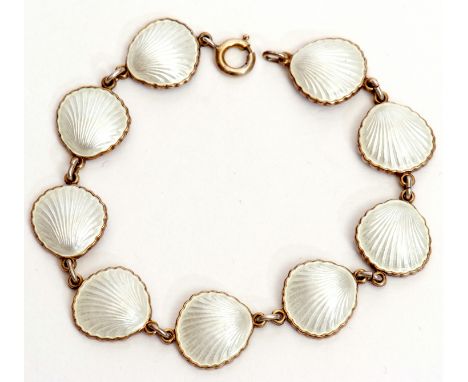 Vintage 925 white guilloche enamel bracelet, circa 1950, comprising nine shells joined by single links, 18cm long