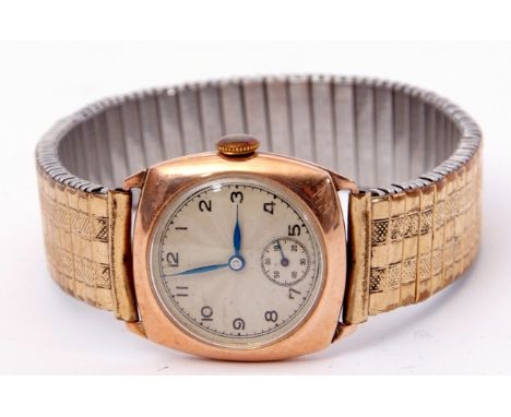 Second quarter of 19th century gent's hallmarked 9ct gold cased wrist watch with un-named Swiss movement, blued steel hands t
