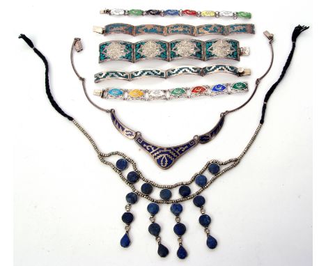 Mixed Lot: 950 Mexican white metal and blue enamel necklace, five white metal and enamel panel bracelets, together with a lap