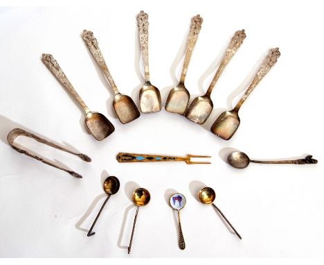 Group of foreign white metal small flatware items including set of six spoons, five salt spoons, enamelled pickle fork and su