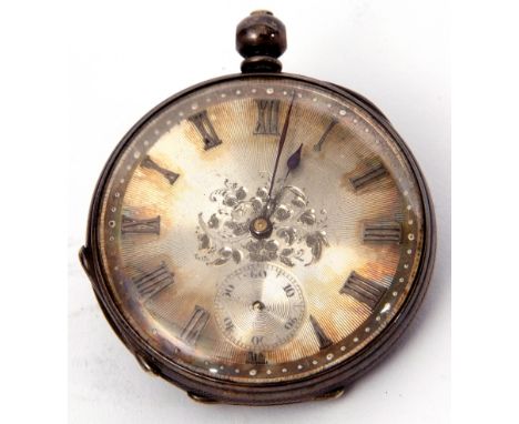 Last quarter of 19th century Continental white metal cased large fob watch with key wind, blued steel hands to an engine turn