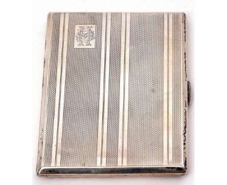 George VI cigarette case of rectangular shape with chamfered edges, banded engine turned decoration, gilt interior, Birmingha