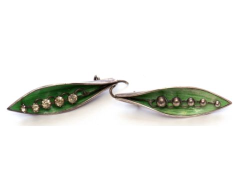 Mixed Lot: Arthur Johnson Smith, silver and enamel pea-pod brooch, hallmarked Birmingham 1919, stamped RD and No 612981, toge