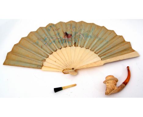 Mixed Lot: early 20th century hand painted silk fan depicting a bullfight (a/f), a leather cased Meerschaum pipe, the bowl ca