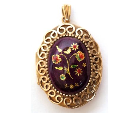 9ct gold and enamel locket, the oval puce coloured enamel cabochon decorated with flowers and butterfly, framed in an ornate 