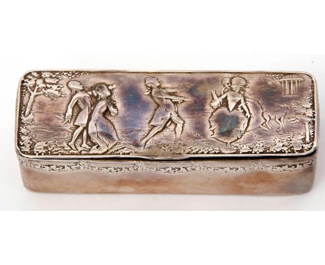 Edwardian period import hallmarked silver encased ring box, the lid embossed with romantic figures (part worn), original velv