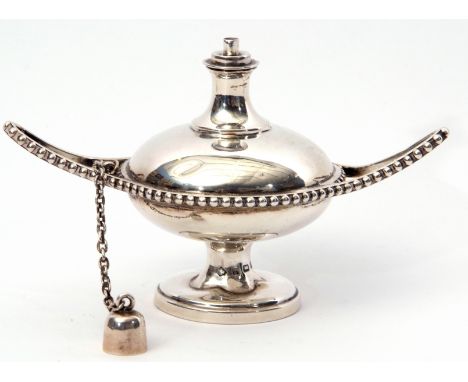 Late Victorian table lighter of circular baluster form to a circular hollow foot, having beaded rim and looped handles (minor