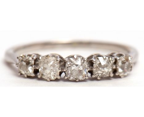 Precious metal five stone diamond ring featuring 5 old cut diamonds, individually claw set and raised in coronet settings, 0.