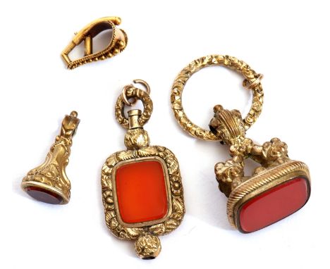 Mixed Lot: antique carnelian fob/seal on a split ring, a gilt metal and carnelian pocket watch key fob (a/f) together with a 