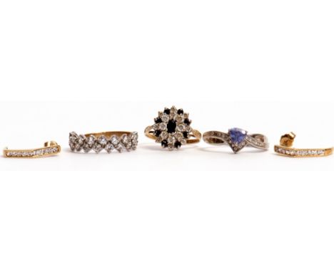 Mixed Lot: modern 9K stamped diamond highlighted ring, two 9ct gold paste dress rings, together with a pair of yellow metal p