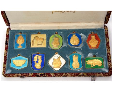 Vintage Peking jewellery, Chinese motif set of ten enamelled pendants dated between 1966 and 1971, Chinese script verso and a
