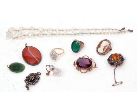 Mixed Lot: paste cluster ring, cameo brooch, jade pendant, oval agate pendant, Scottish brooch and a crystal bead necklace et