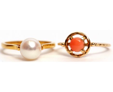Mixed Lot: vintage coral ring, circular cabochon coral claw set in a pierced setting to a rope twist shank, stamped 585, toge