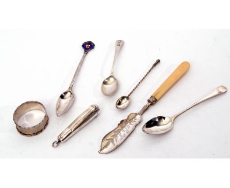 Mixed group: three hallmarked silver tea/coffee spoons, a Victorian butter knife, Birmingham 1874 by Thomas Prime &amp; Son (