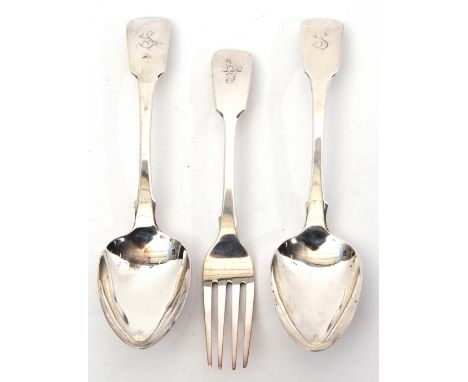 Pair of George IV table spoons in Fiddle pattern, London 1821, probably by William Bateman, together with a further Victorian