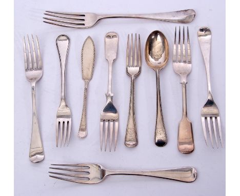 Mixed Lot: Georgian and later flatwares including a table fork, seven dessert forks, large tea spoon and butter knife, variou