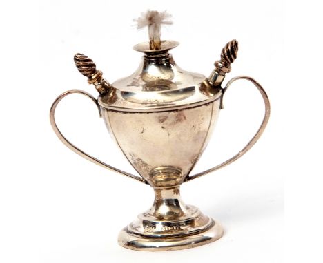 Edward VII table lighter of trophy vase shape to a circular foot, having twin looped handles, Birmingham 1905, probably by De