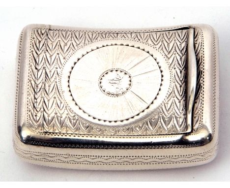 George IV snuff box of curved rectangular form, engraved palmette decoration to top and base, circular cartouche to lid engra