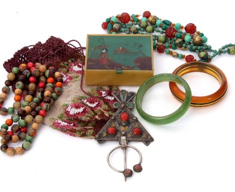 Mixed Lot: vintage bead bag, two plastic bangles, three strings of various beads, translucent enamel cloak pin and a Bakelite