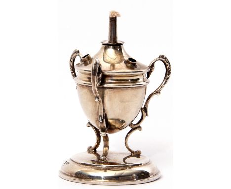 Edwardian table lighter of vase form to a circular foot, having three triple scrolled handles, hollow base, Sheffield 1903 by