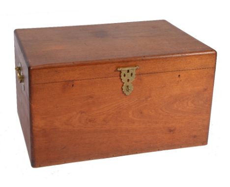 AN ORIENTAL CAMPHOR WOOD TRUNK with hinged rising lid and embossed brass hasp, 90cm wide