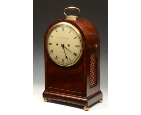 A REGENCY MAHOGANY MANTEL OR TABLE CLOCK the white Roman convex dial inscribed Handley & Moore, Clerkenwell, the twin train f