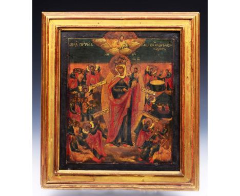 A RUSSIAN ICON, THE MOTHER OF GOD 'Joy of All Who Sorrow', the subject with attendant figures and inscription on panel, perha