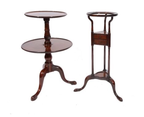 A GEORGE III MAHOGANY TWO TIER DUMB WAITER of graduated circular tray form on a tripod base, 82cm high, together with an 18th
