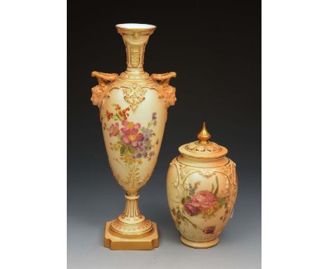 A ROYAL WORCESTER POT POURRI VASE AND PIERCED COVER, the blush ivory ground painted with floral sprays, 16.5cm high and a sim