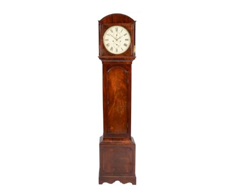A REGENCY STYLE MAHOGANY EIGHT DAY LONGCASE CLOCK the 12" diameter Roman dial with subsidiary seconds and date dials, the bre