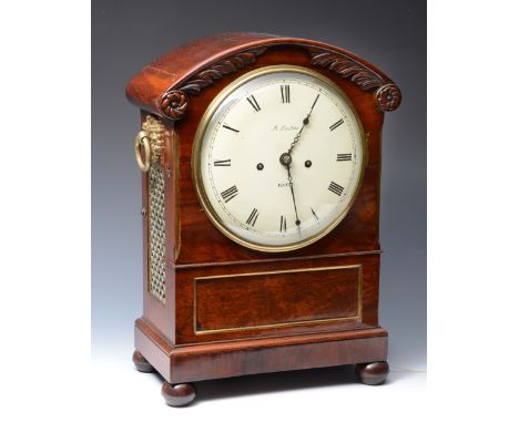 A 19TH CENTURY MAHOGANY MANTEL OR TABLE CLOCK, the convex Roman dial inscribed B. Lautier, Bath, the twin train fusee movemen