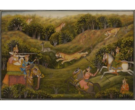 INDIAN SCHOOL Miniature of Maharaja hunting tigers, within floral border, gouache on silk, 19cm x 30cm
