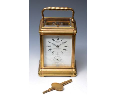 A FRENCH GRANDE SONNERIE CARRIAGE CLOCK the white enamel Roman dial with Arabic five minutes, inscribed Leroy & Fils, 211 and