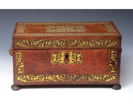 A GEORGE IV ROSEWOOD AND BRASS INLAID TEA CADDY, the interior fitted twin compartments enclosed by a hinged rising lid with l