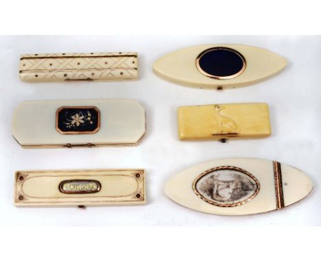 A GROUP OF SIX GEORGIAN IVORY GOLD AND SILVER INLAID BOXES of varying form with one inset portrait miniature, another micro-m