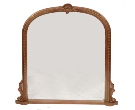 A VICTORIAN STYLE GILT WOOD OVERMANTEL MIRROR with scallop shell finial and scroll supports, 120cm high x 117cm wide and a Ve