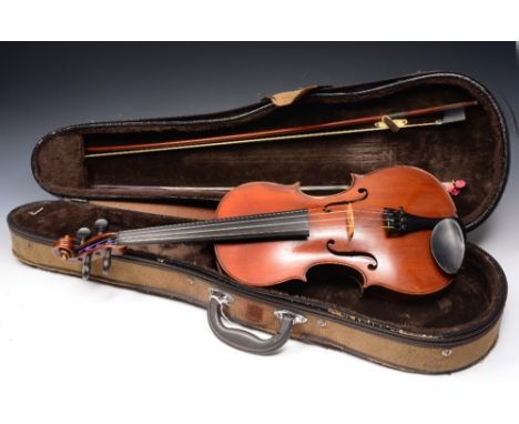 A LATE 19TH CENTURY GERMAN VIOLIN with bow stamped 'Adolf Berger', cased