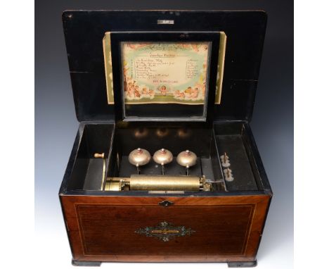 A 19TH CENTURY SWISS CYLINDER AND THREE BELL MUSIC BOX, the movement playing eight airs with rosewood, inlaid and transfer de