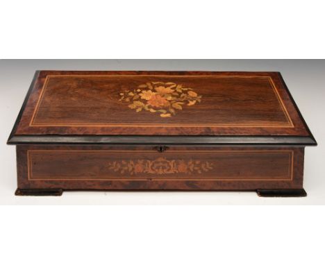 A 19TH CENTURY SWISS CYLINDER MUSIC BOX playing eight airs with rosewood floral marquetry and burr wood banded case, 61cm wid