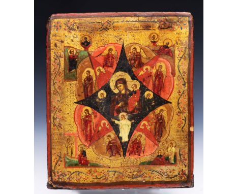 AN ORTHODOX ICON decorated The Virgin and Child amidst Angels and Saints, polychrome and gilded decoration and inscriptions o