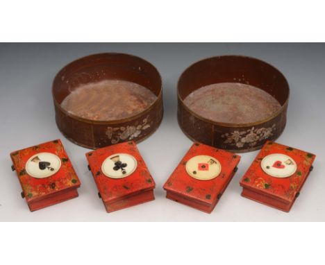 A SET OF FOUR CHINESE RED LACQUERED COUNTER BOXES each of rectangular form with hinged rising lid and playing card indicator,