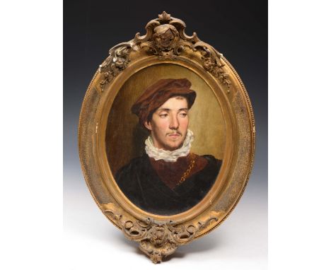 19TH CENTURY ENGLISH SCHOOL An oval portrait of a Medieval gentleman with white ruff and gold chain in a gilded frame with ma