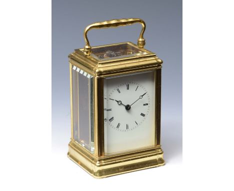 A 19TH CENTURY CARRIAGE TIMEPIECE, the white enamel Roman dial with Breguet hands, silvered platform lever escapement, the ba