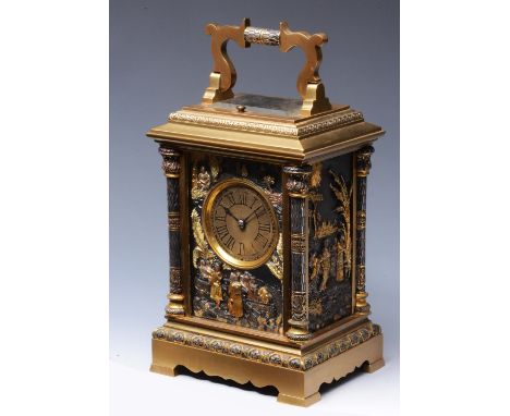 AN UNUSUAL CARRIAGE CLOCK having a circular gilt Roman dial, platform lever escapement and coiled gong strike with repeat but
