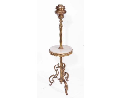 A GILT BRASS AND WHITE MARBLE STANDARD LAMP with acanthus mounts and tripod base, stamped Messengers Patent, 148cm high