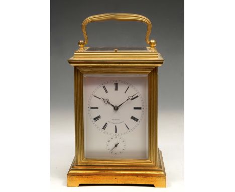 A 19TH CENTURY FRENCH GRANDE SONNERIE CARRIAGE CLOCK with white enamel Roman dial, subsidiary alarm dial signed Champion, Rue