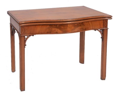 A GEORGE III MAHOGANY SERPENTINE FRONTED CARD TABLE, with baize inset fold over top, having concertina action with moulded sq